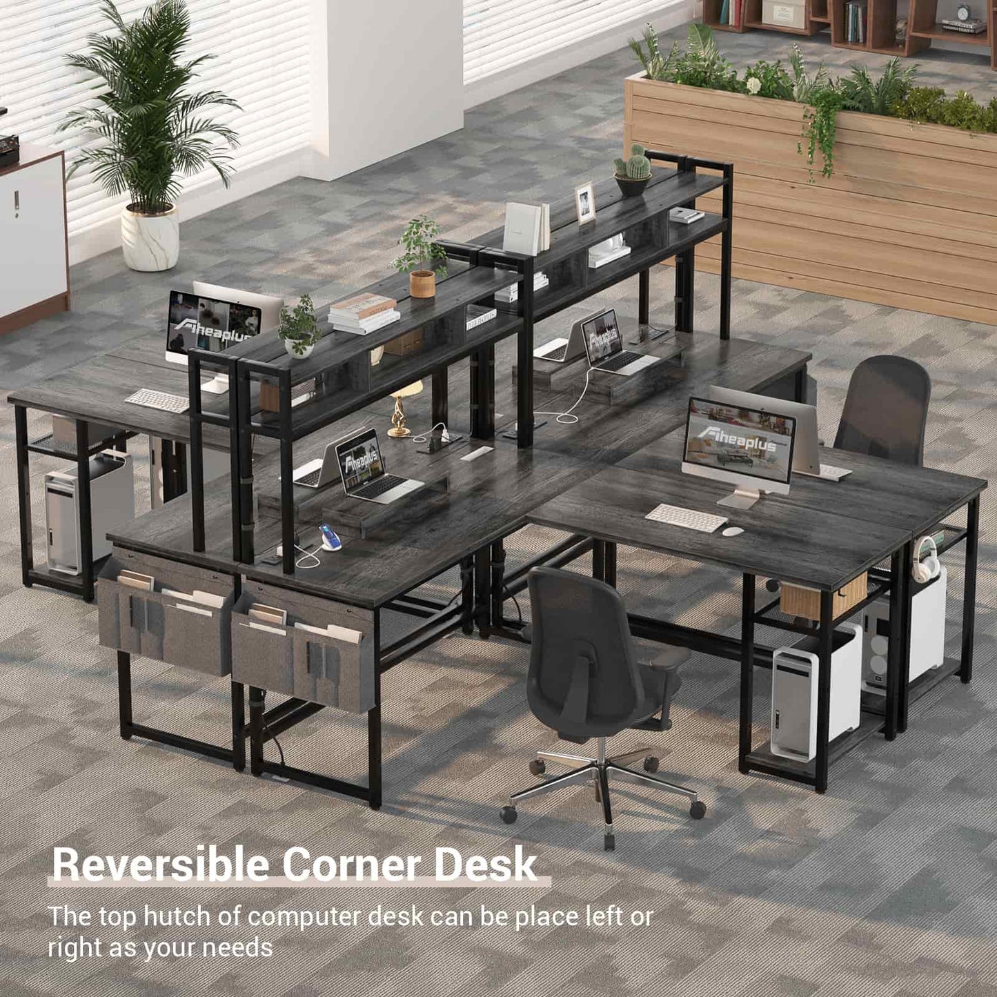 L Shaped Desk with Power Outlet, LED Strip, Storage Shelf