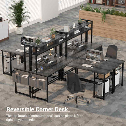 L Shaped Desk with Power Outlet, LED Strip, Storage Shelf