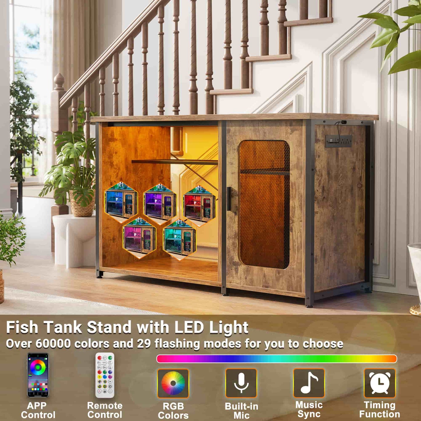 Heavy Duty 55-75 Gallon Aquarium Stand with Power Outlets, LED Light & Storage Cabinet - Reversible Metal Fish Tank Stand, 880LBS Capacity