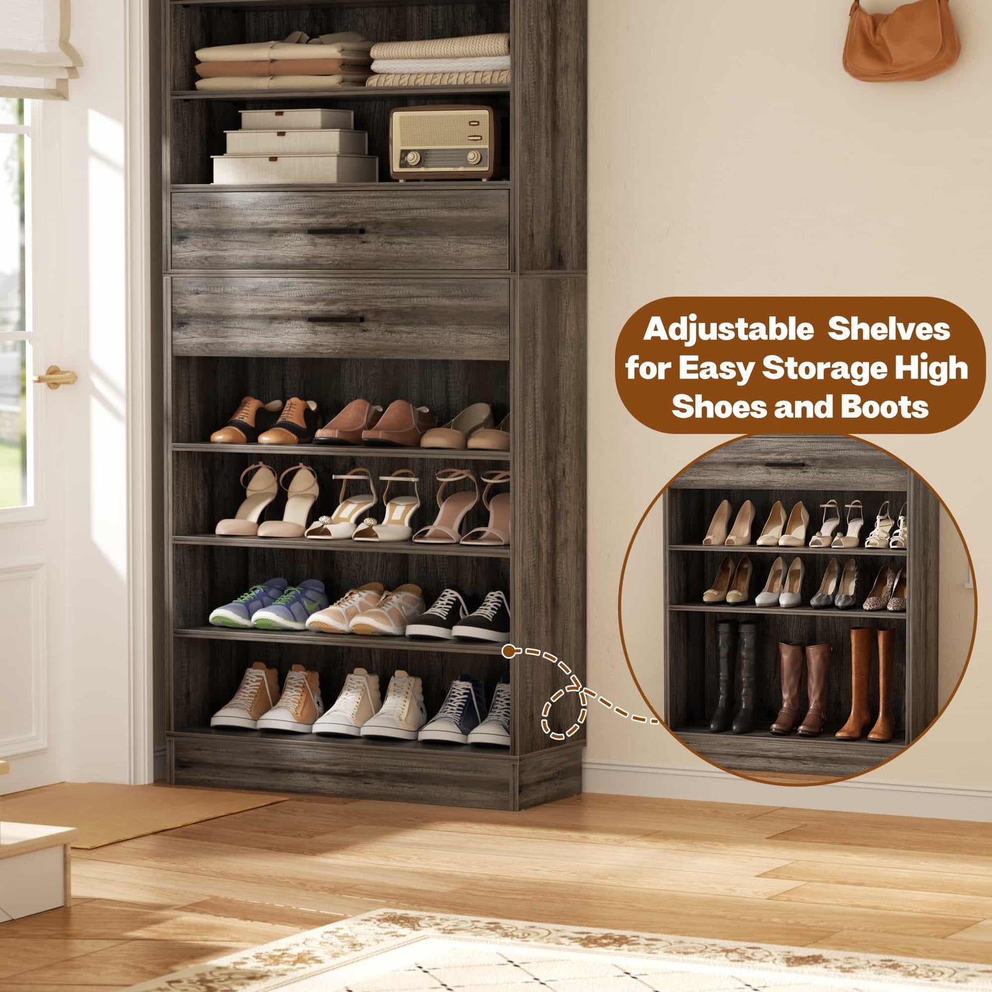 10-Tier Shoe Cabinet with 2 Drawers, 65cm Width Freestanding Closet Organizer
