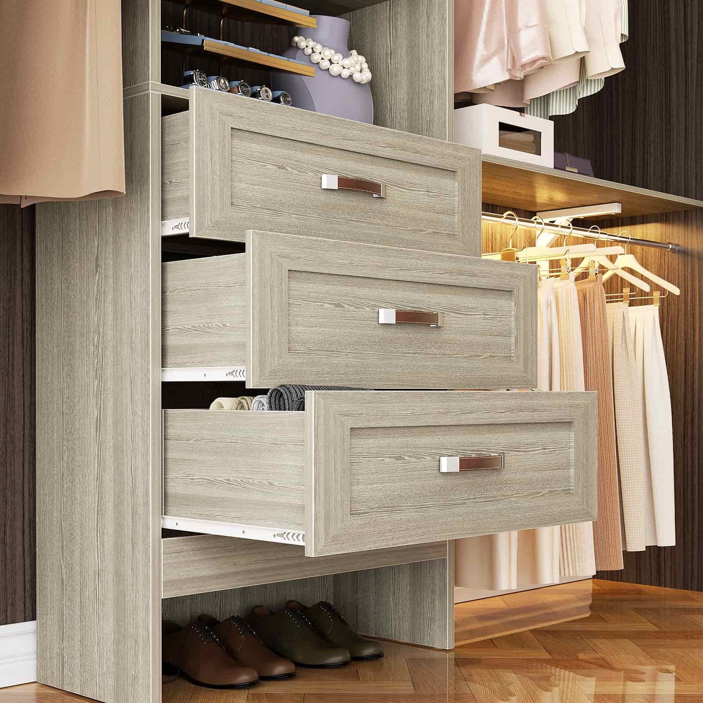 96'' W Closet Organizer System With Wooden Drawers