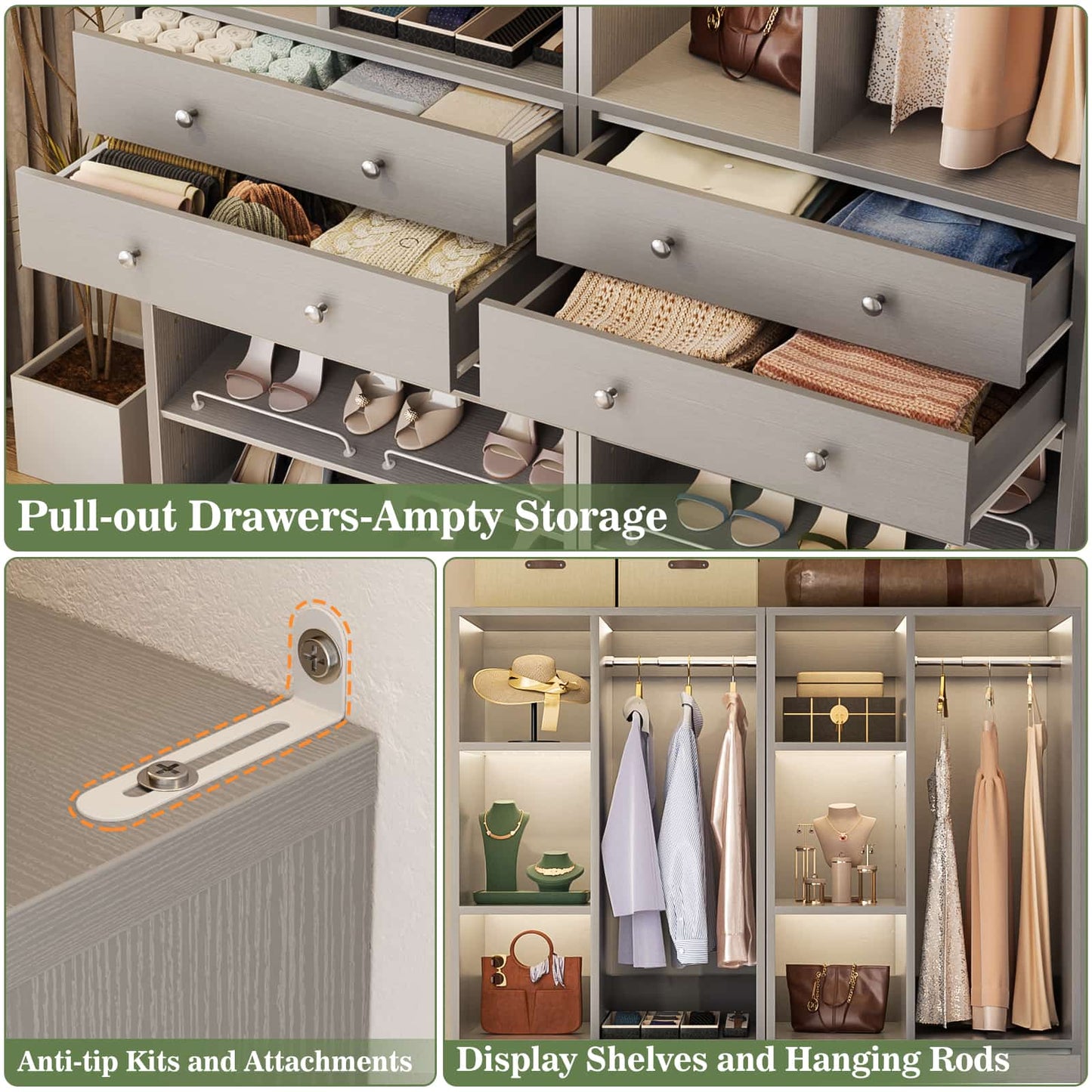 4.6ft Free Standing Closet Organizer with Drawers & Shelves, Heavy Duty 1200lb Capacity Wardrobe System
