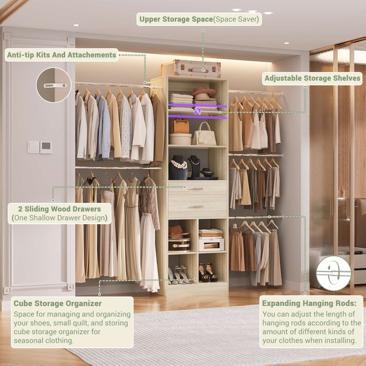 4-8 FT Walk-in Closet Organizer Tower, 2 Wooden Drawers + 5 Hang Rods, Built-in Shelves, Fit 60-96'' Closet Systems