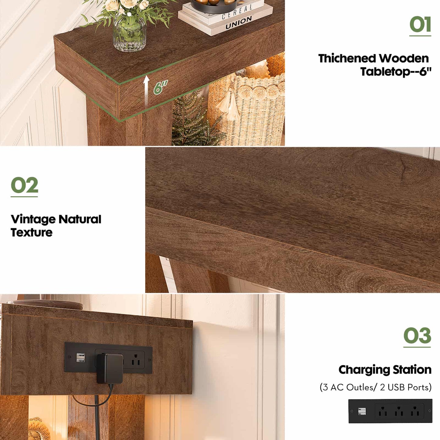 47" Console Table with Socket & Sensor Light, Narrow Entryway Table with Storage for Hallway/Living Room, Farmhouse Style