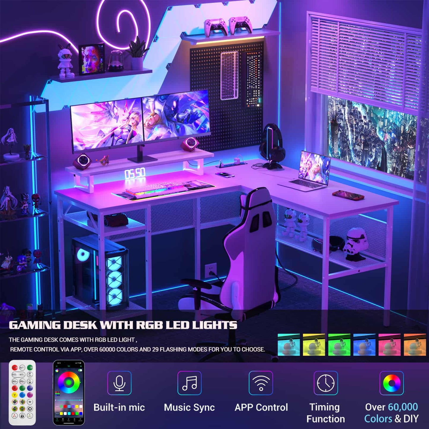 L Shaped Computer Desk with Magic Power Outlets and Smart LED Light