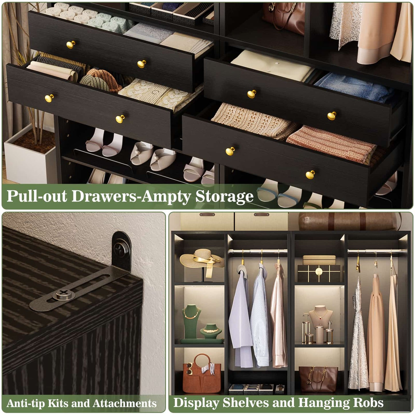 4.6ft Free Standing Closet Organizer with Drawers & Shelves, Heavy Duty 1200lb Capacity Wardrobe System