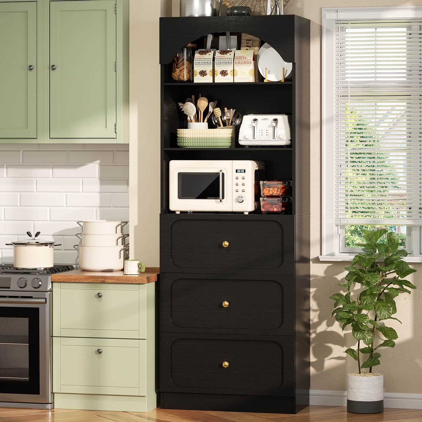 80" Tall Arched Bookcase with 3 Drawers & 3 Open Shelves - Wooden Storage Cabinet for Living Room, Kitchen