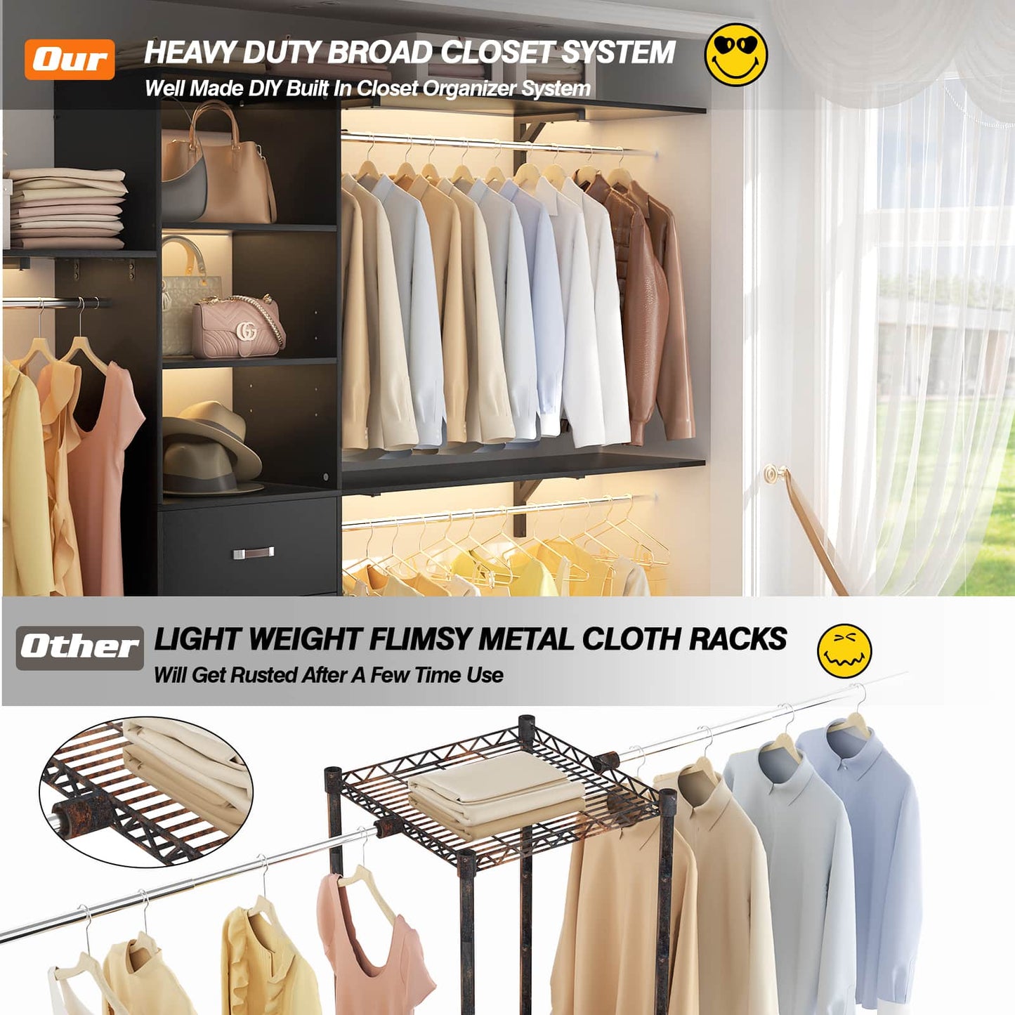 120'' W Closet System with Drawers, Closet Organizer with 3 Shelving Towers