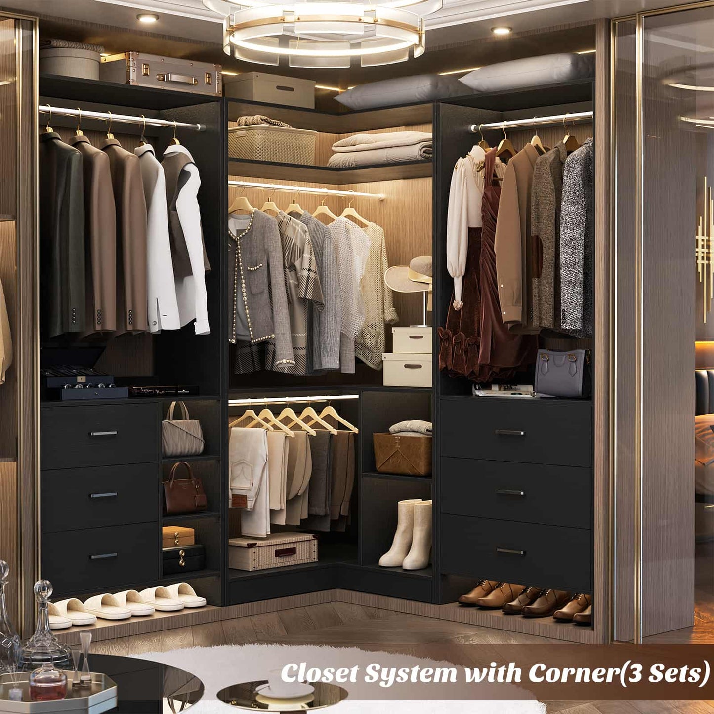 34’’ Corner Closet System with Shelves and Hanging Rods