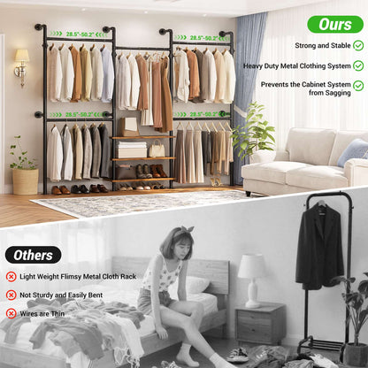 84"-128" Adjustable Metal Pipe Clothing Rack Wall-Mounted,Industrial Garment Rack with 3-Tier Wooden Shelves,Heavy-Duty 1000LBS Capacity