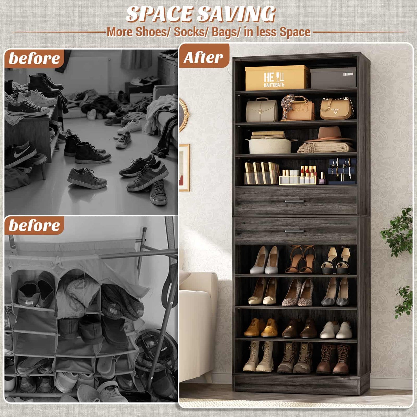 10-Tier Shoe Cabinet with 2 Drawers, 65cm Width Freestanding Closet Organizer