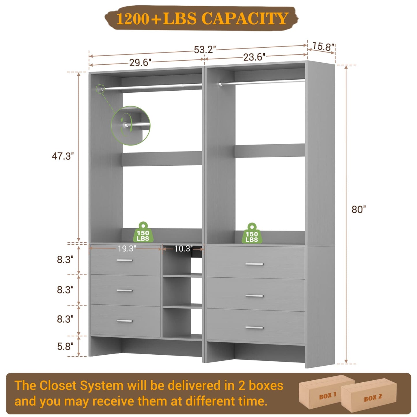 Closet System with 6 Drawers, 4.5ft Wood Closet Organizer System