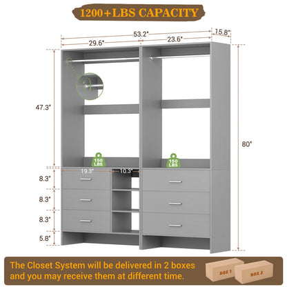 Closet System with 6 Drawers, 4.5ft Wood Closet Organizer System