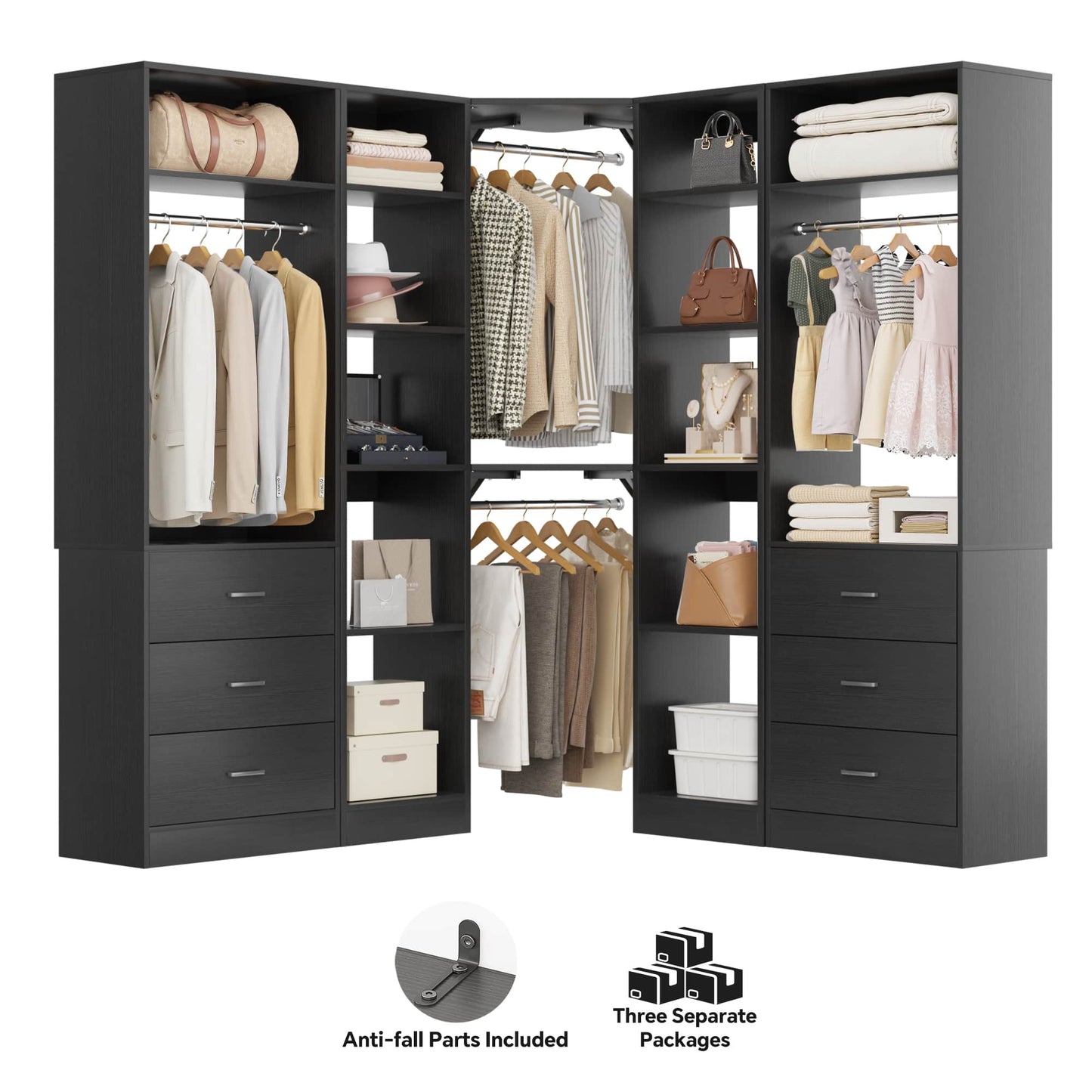 87.2" Freestanding Closet Organizer System - Modular L-Shaped Design,Reversible, 6 Drawers & 4 Hanging Rods, 2000+ LBS Capacity,3 Sets