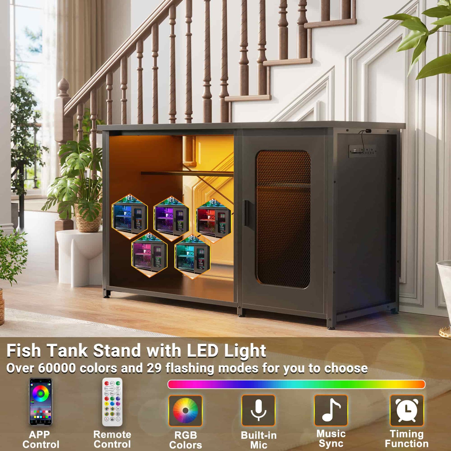 Heavy Duty 55-75 Gallon Aquarium Stand with Power Outlets, LED Light & Storage Cabinet - Reversible Metal Fish Tank Stand, 880LBS Capacity