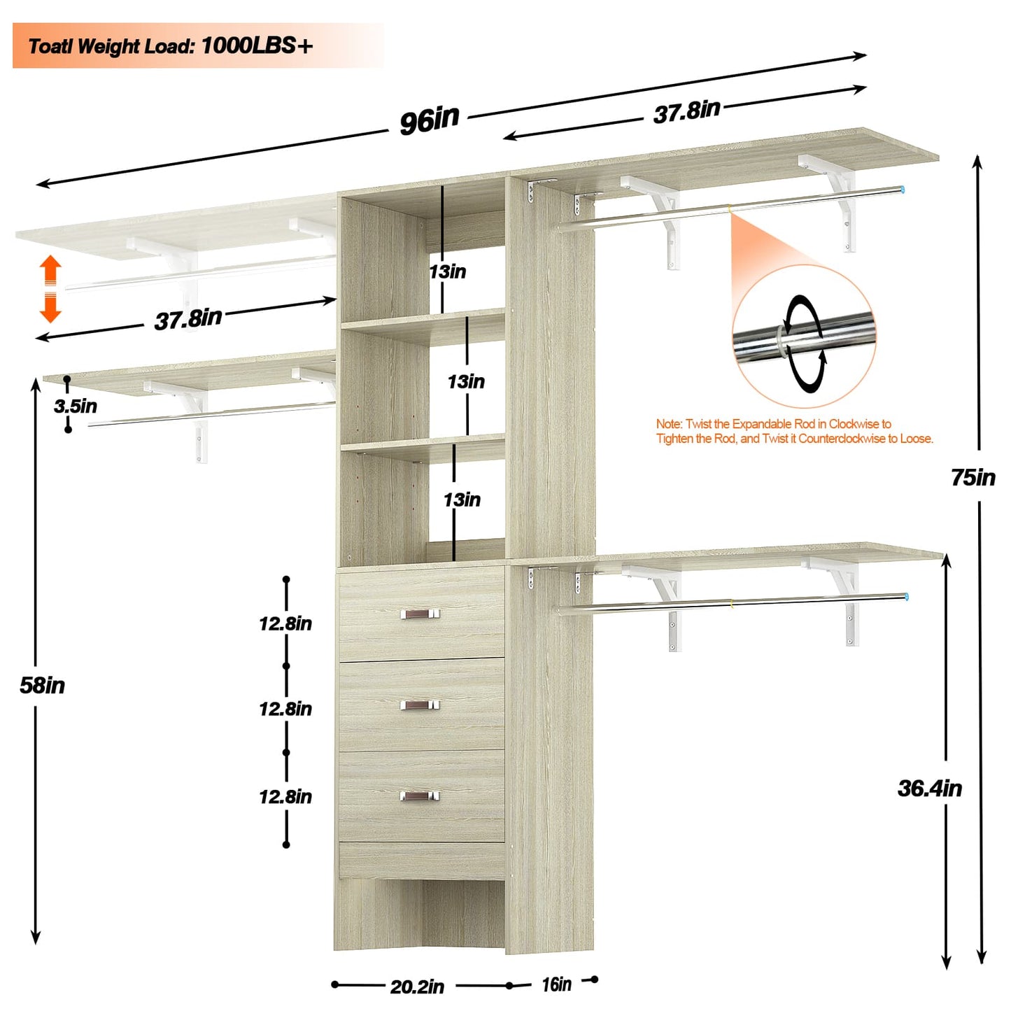 96‘’ W Closet System, Walk In Closet Organizer with 3 Shelving Towers