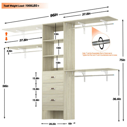 96‘’ W Closet System, Walk In Closet Organizer with 3 Shelving Towers
