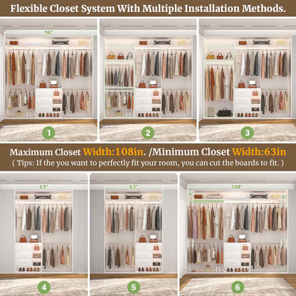 8FT Walk-in Armoire Closet Organizer with 3 Wooden Drawers & Hanging Rods, Adjustable Garment Rack for 5.3-9 ft Spaces,Wardrobe Storage Shelf