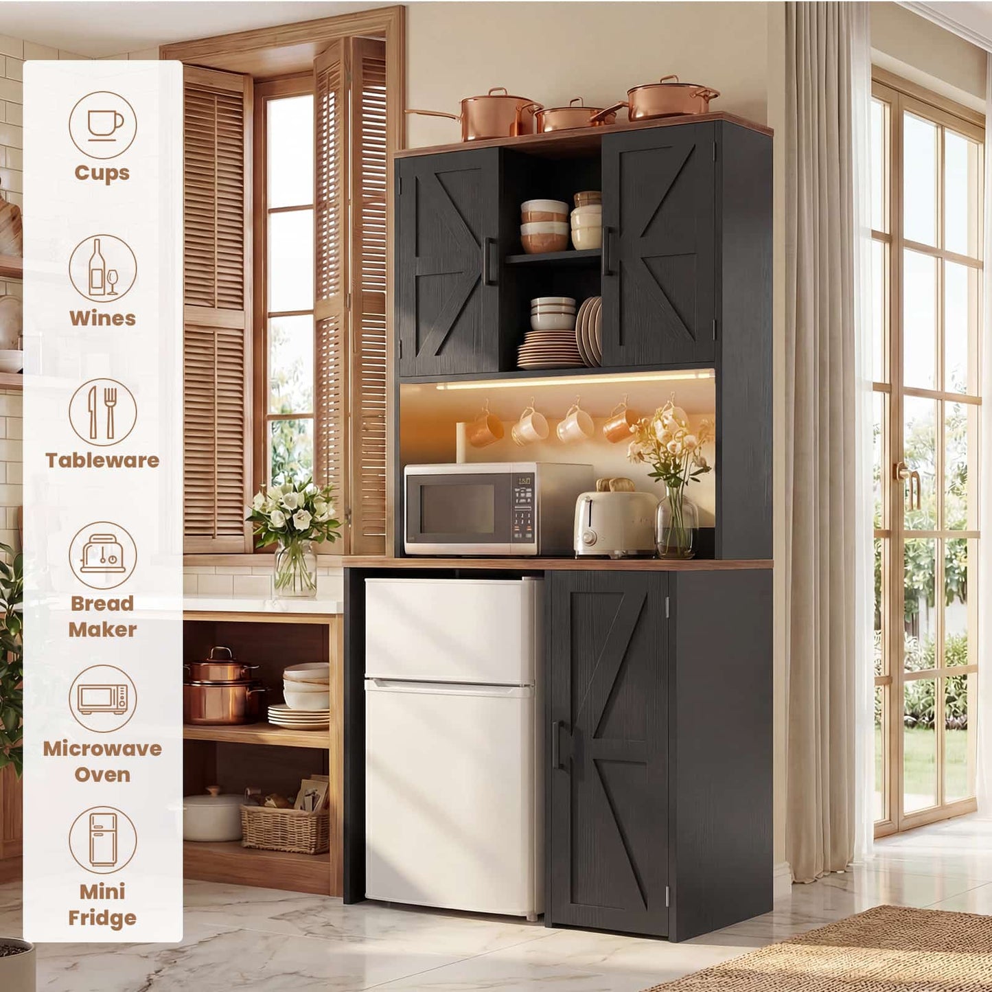 3-in-1 Mini Fridge Cabinet & Coffee Bar Station - with Power Outlet, LED Light, Microwave Shelf & Wine Storage