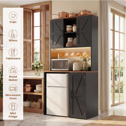 3-in-1 Mini Fridge Cabinet & Coffee Bar Station - with Power Outlet, LED Light, Microwave Shelf & Wine Storage