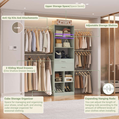 4-8 FT Walk-in Closet Organizer Tower, 2 Wooden Drawers + 5 Hang Rods, Built-in Shelves, Fit 60-96'' Closet Systems