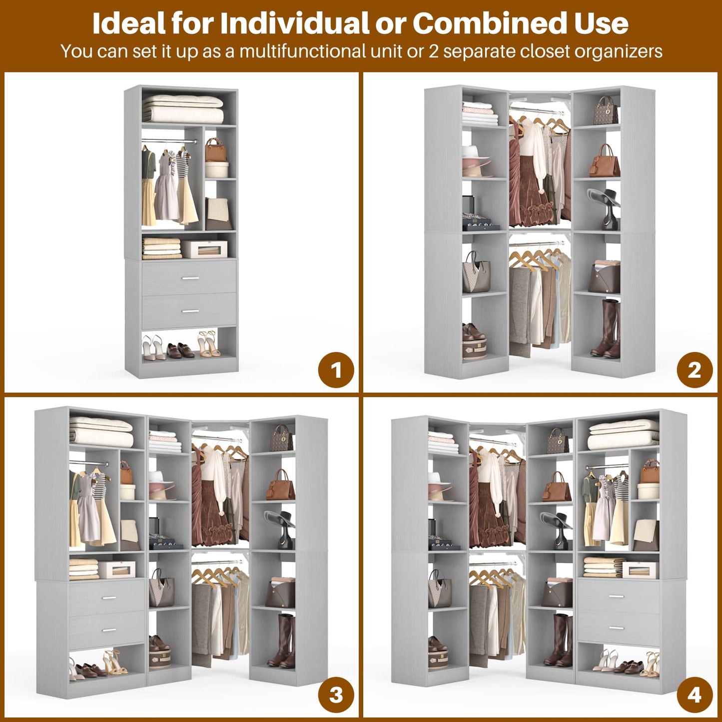 Closet System Closet Organizer, Wood Closet Organizer System,Walk-in Closet or Small Closets Wardrobe, Clothes Rack with Hanging Rods