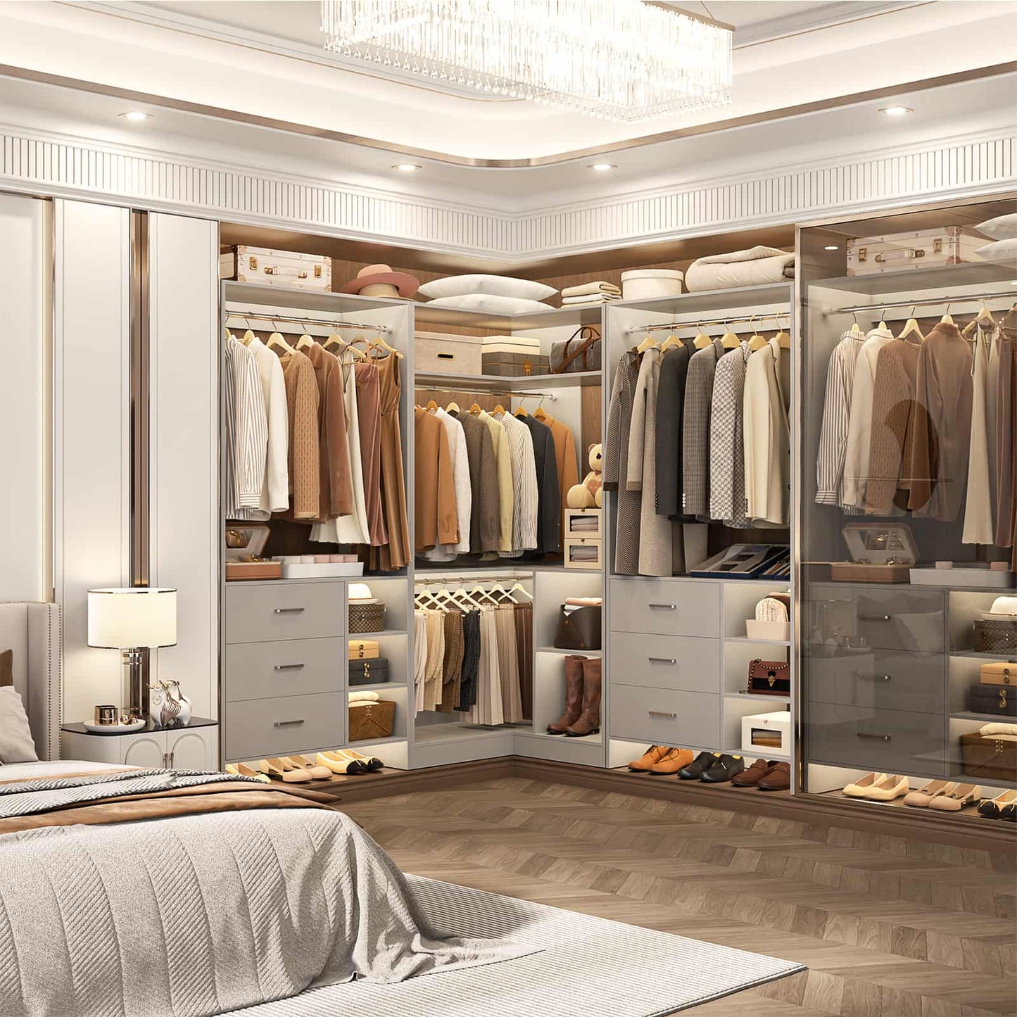Closet System with 6 Drawers, 4 Hanging Rods & Corner Tower