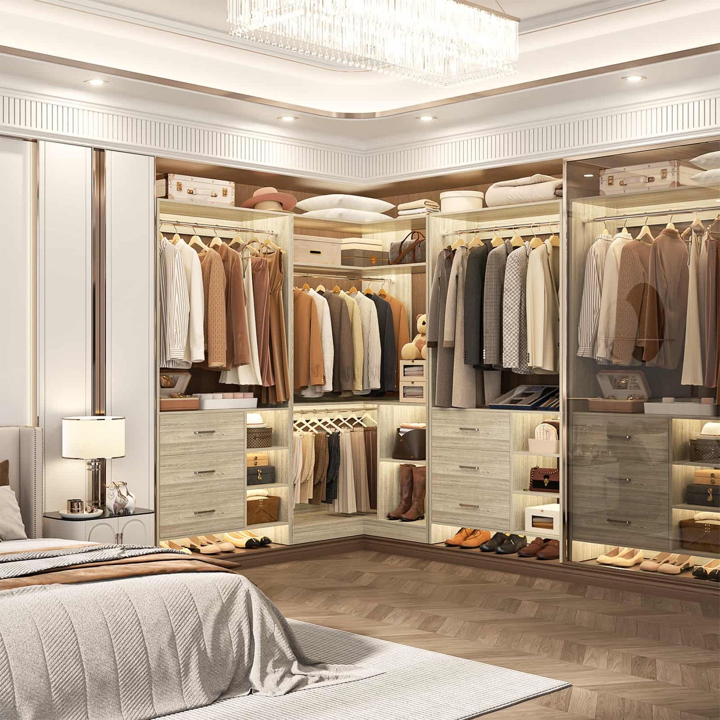 Closet System with 6 Drawers, 4 Hanging Rods & Corner Tower