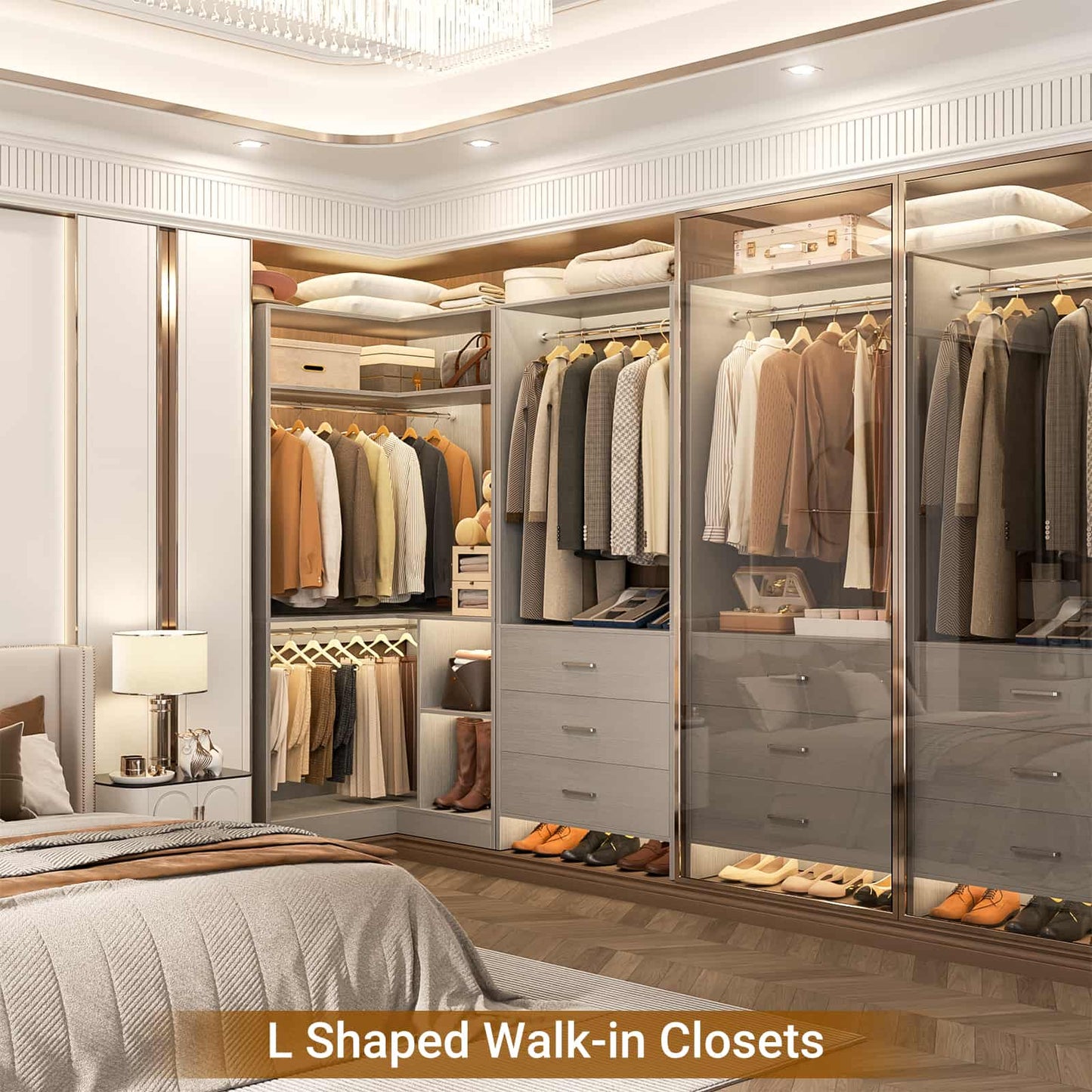 Closet System with 3 Drawers, 2 Hanging Rods & Corner Tower
