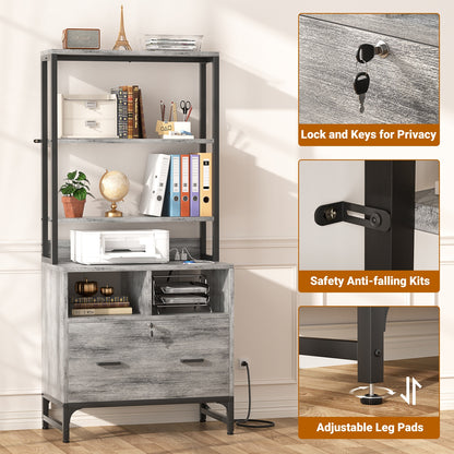 File Cabinet with Charging Station, Vertical Filing Cabinet with Lock & Large Drawer