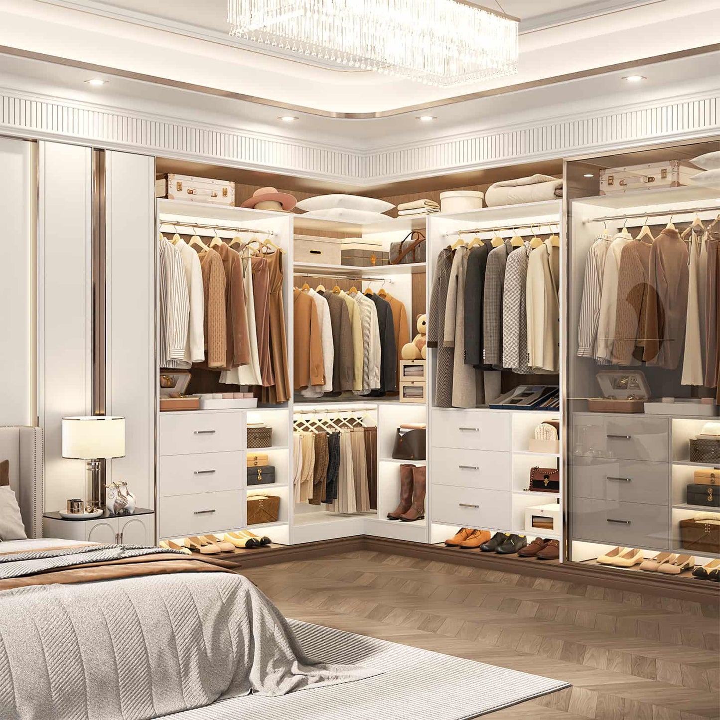 Closet System with 6 Drawers, 4 Hanging Rods & Corner Tower