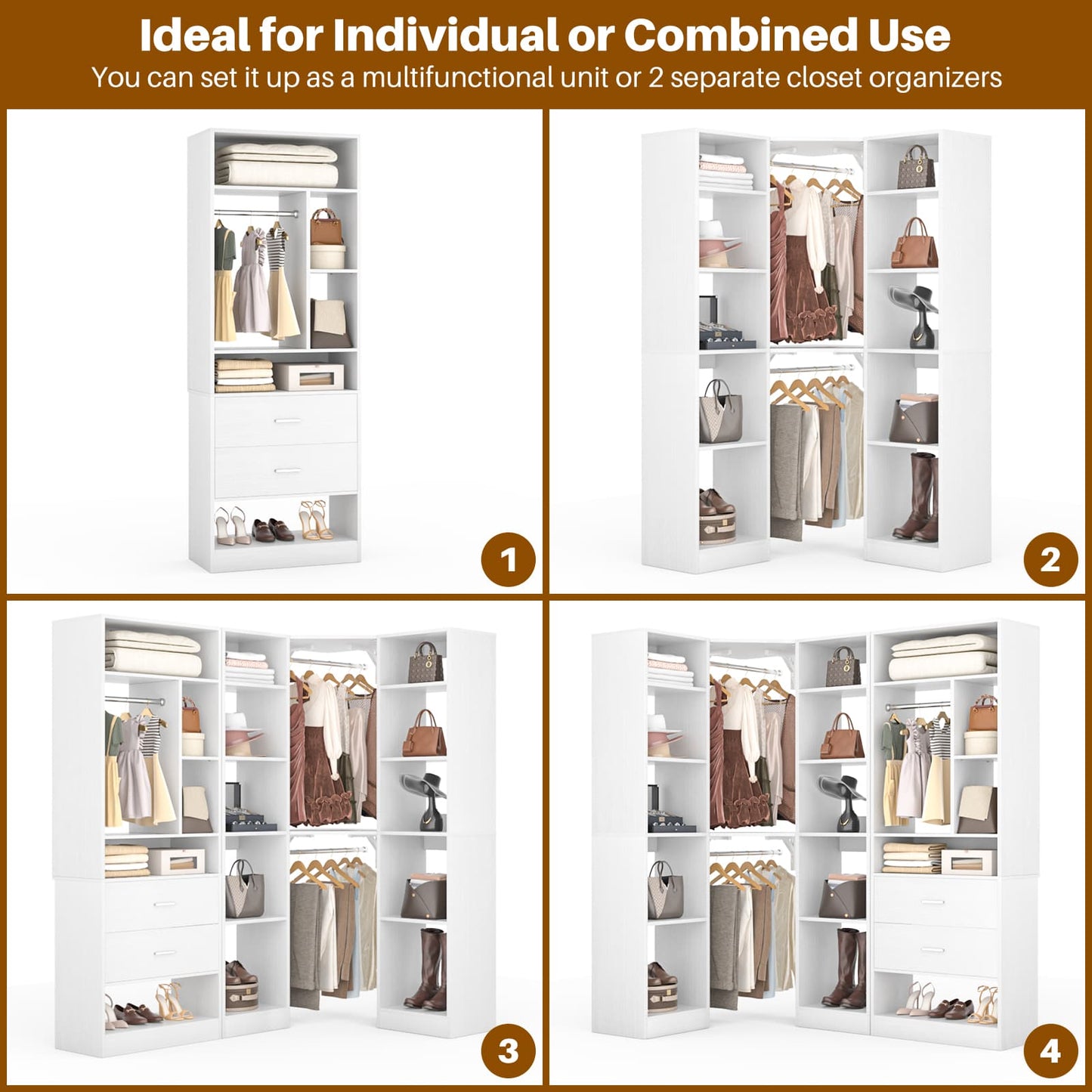 Closet System Closet Organizer, Wood Closet Organizer System,Walk-in Closet or Small Closets Wardrobe, Clothes Rack with Hanging Rods