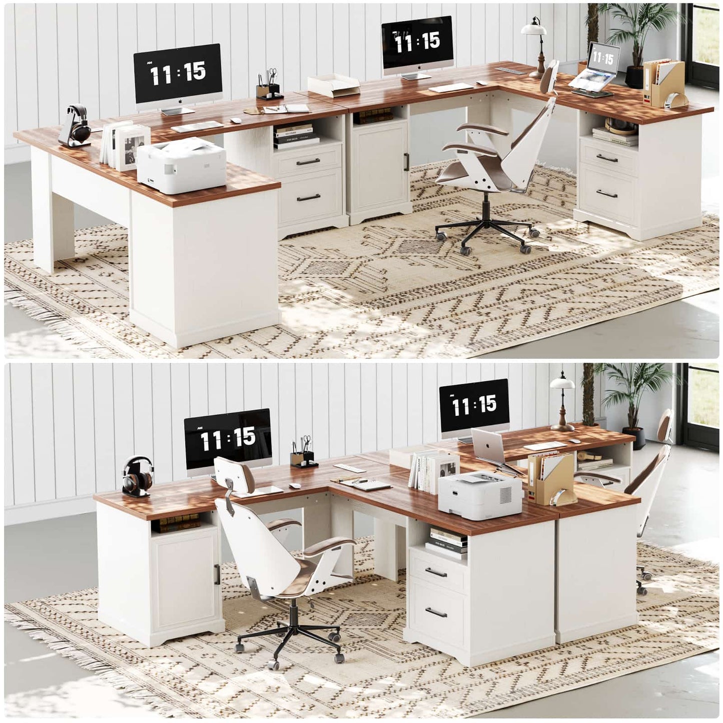 L Shaped Executive Desk with File Drawers, 60" Corner Computer Desk with Power Outlets