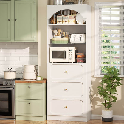 80" Tall Arched Bookcase with 3 Drawers & 3 Open Shelves - Wooden Storage Cabinet for Living Room, Kitchen