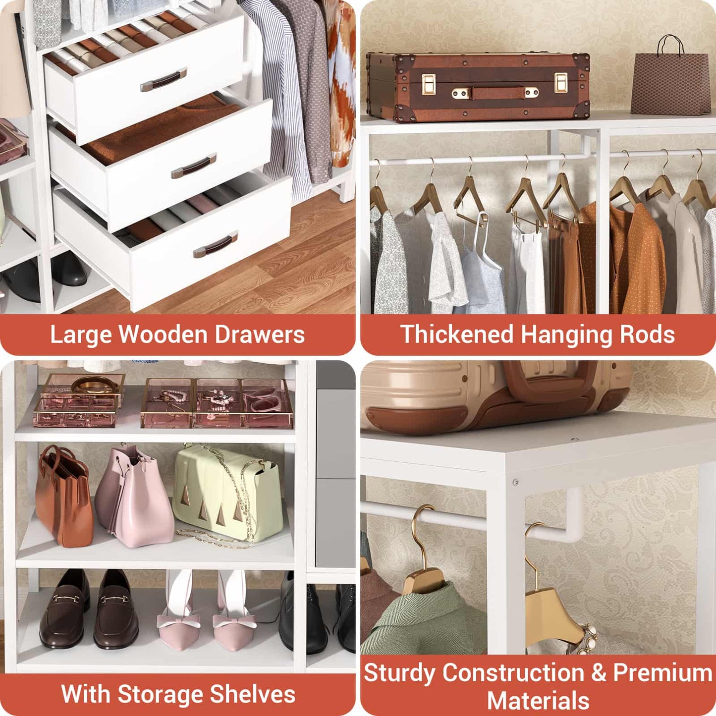 Closet System Organizer Walk-in Closet for Bedroom with 3 Wood Drawers