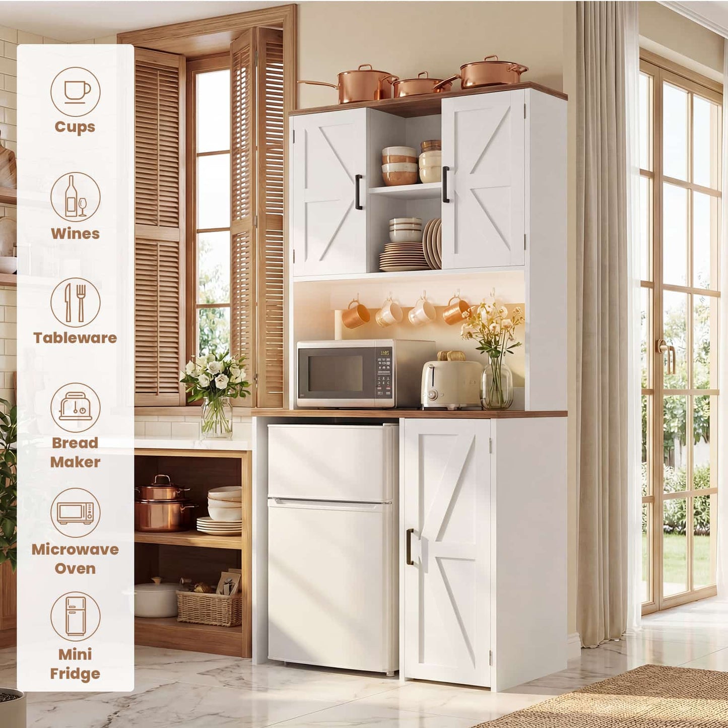 3-in-1 Mini Fridge Cabinet & Coffee Bar Station - with Power Outlet, LED Light, Microwave Shelf & Wine Storage