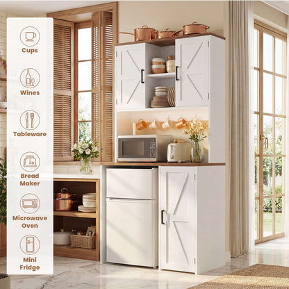 3-in-1 Mini Fridge Cabinet & Coffee Bar Station - with Power Outlet, LED Light, Microwave Shelf & Wine Storage