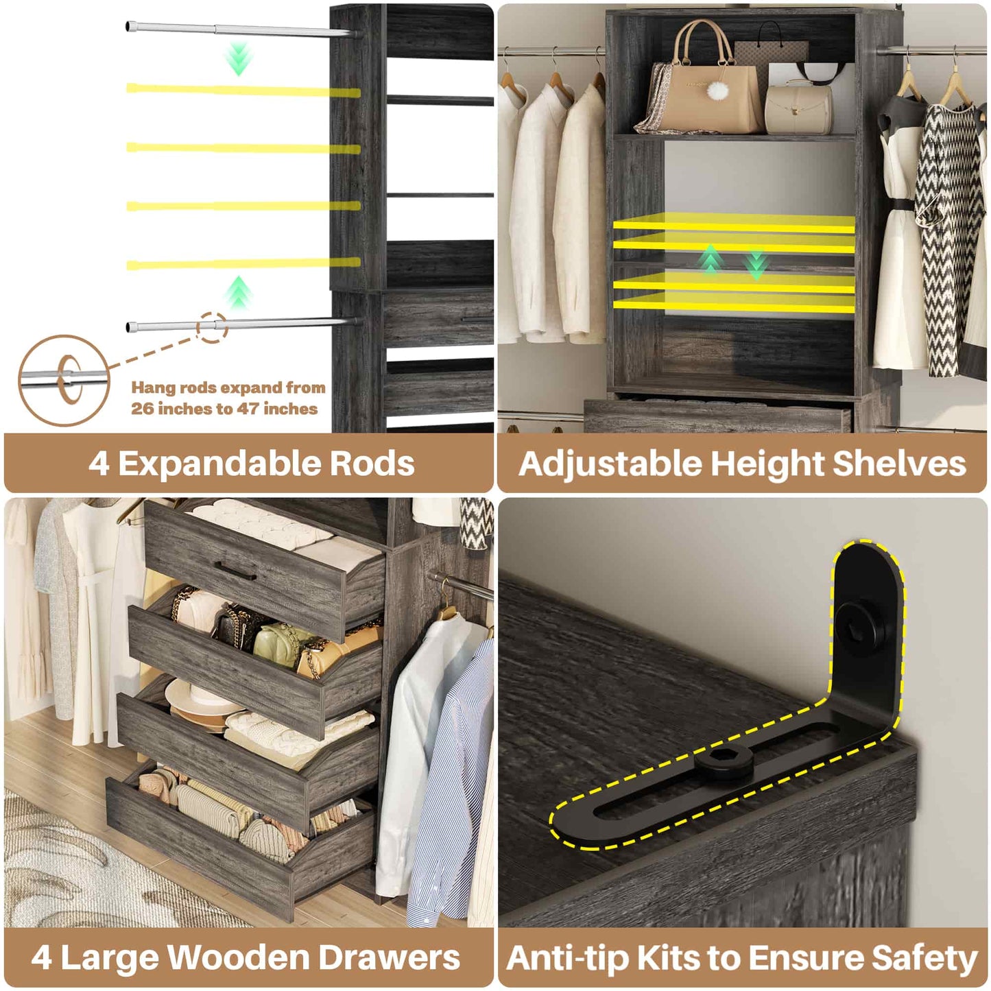 2-Pack Closet Organizer System: Dual 4-9Ft Adjustable Wardrobe Racks with 8 Wooden Drawers, Double Tower Storage, 8 Hanging Rods & Garment Racks ﻿