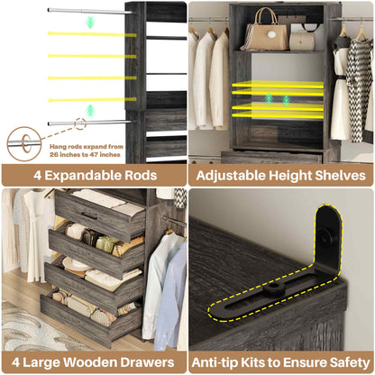 2-Pack Closet Organizer System: Dual 4-9Ft Adjustable Wardrobe Racks with 8 Wooden Drawers, Double Tower Storage, 8 Hanging Rods & Garment Racks ﻿