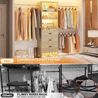 Adjustable 5-8FT Wall-Mounted Closet Organizer System with 3 Hanging Rods & 3 Wood Drawers