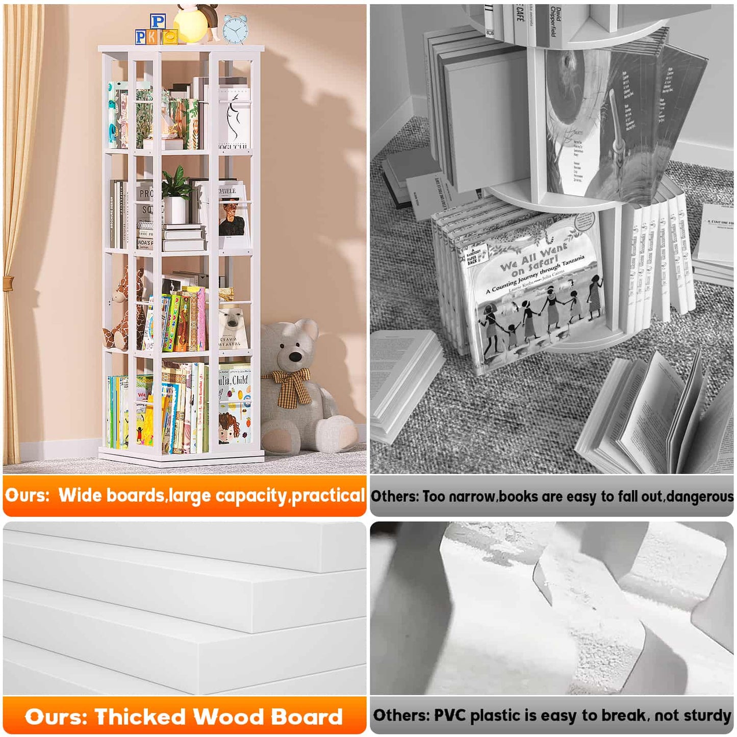 Rotating Bookshelf, Corner Bookshelf, 360 Display Wood Spinning Bookshelf