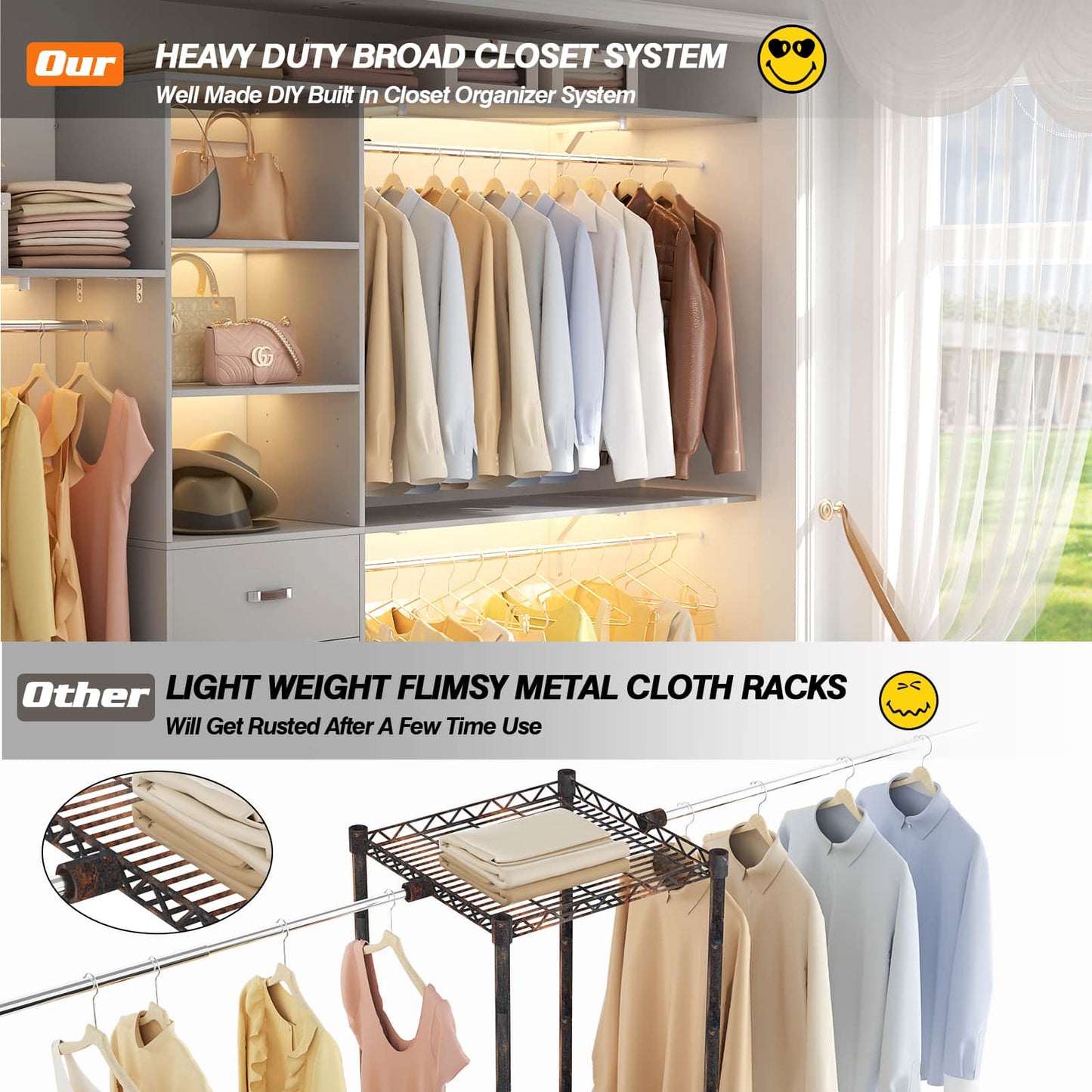 120'' W Closet System with Drawers, Closet Organizer with 3 Shelving Towers