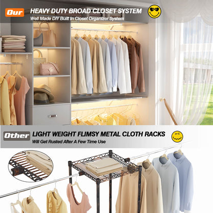 120'' W Closet System with Drawers, Closet Organizer with 3 Shelving Towers
