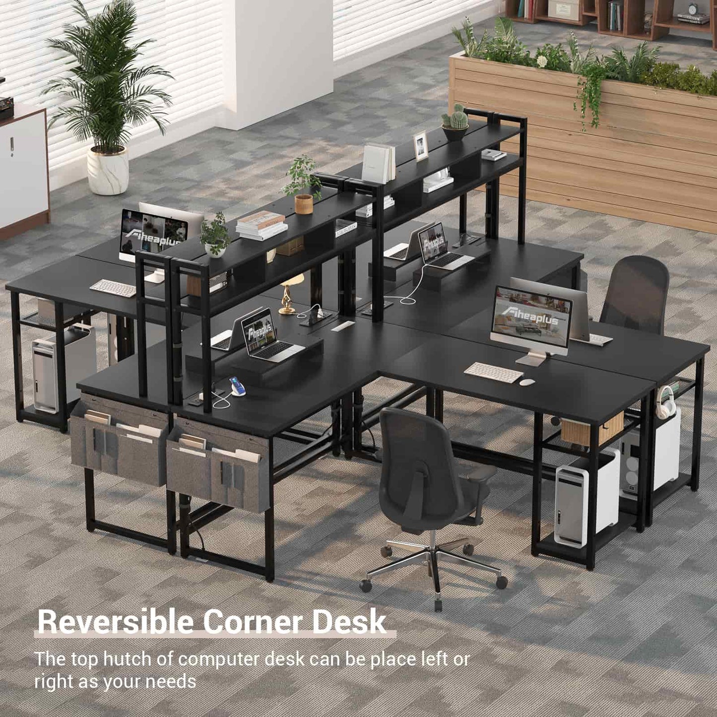 L Shaped Desk with Power Outlet, LED Strip, Storage Shelf