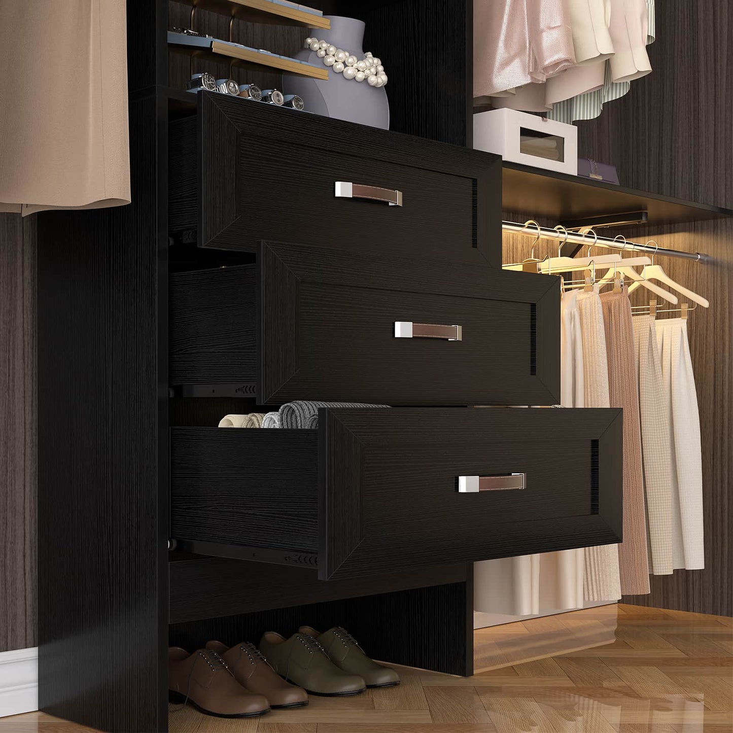 96'' W Closet Organizer System With Wooden Drawers