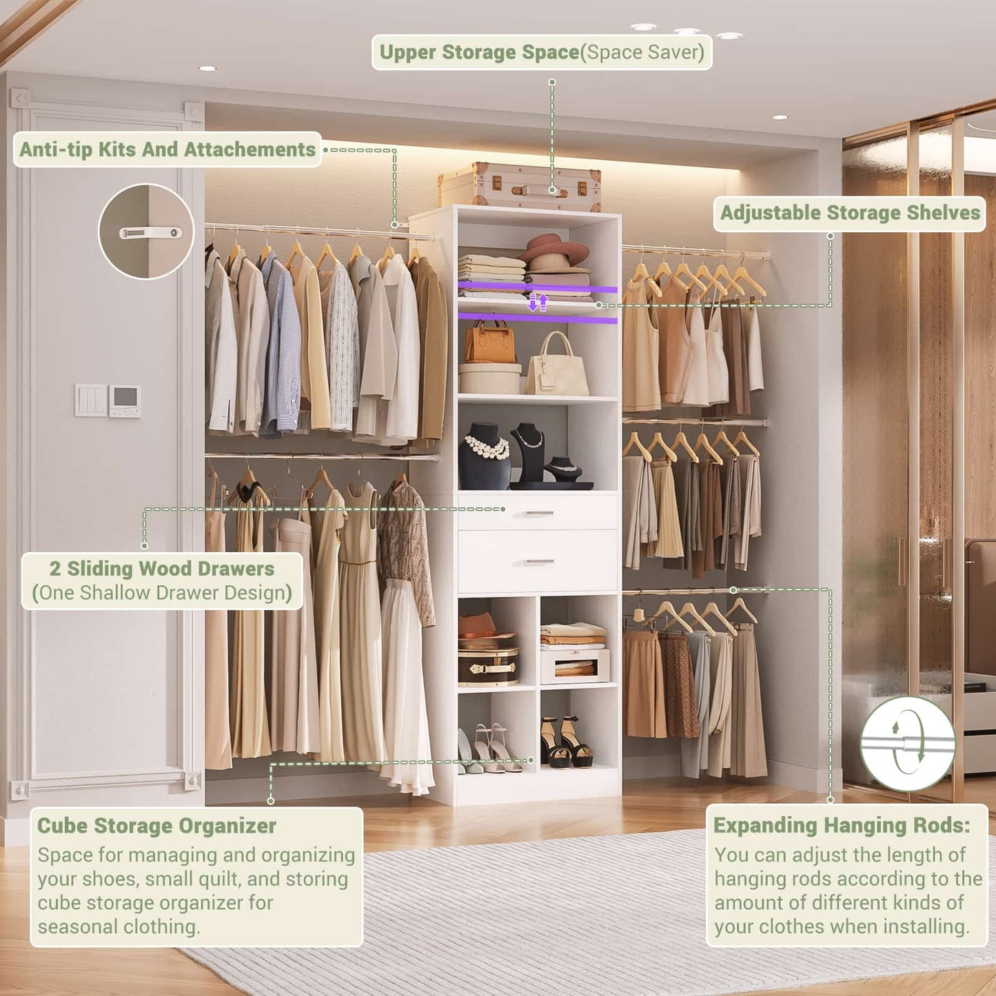 4-8 FT Walk-in Closet Organizer Tower, 2 Wooden Drawers + 5 Hang Rods, Built-in Shelves, Fit 60-96'' Closet Systems