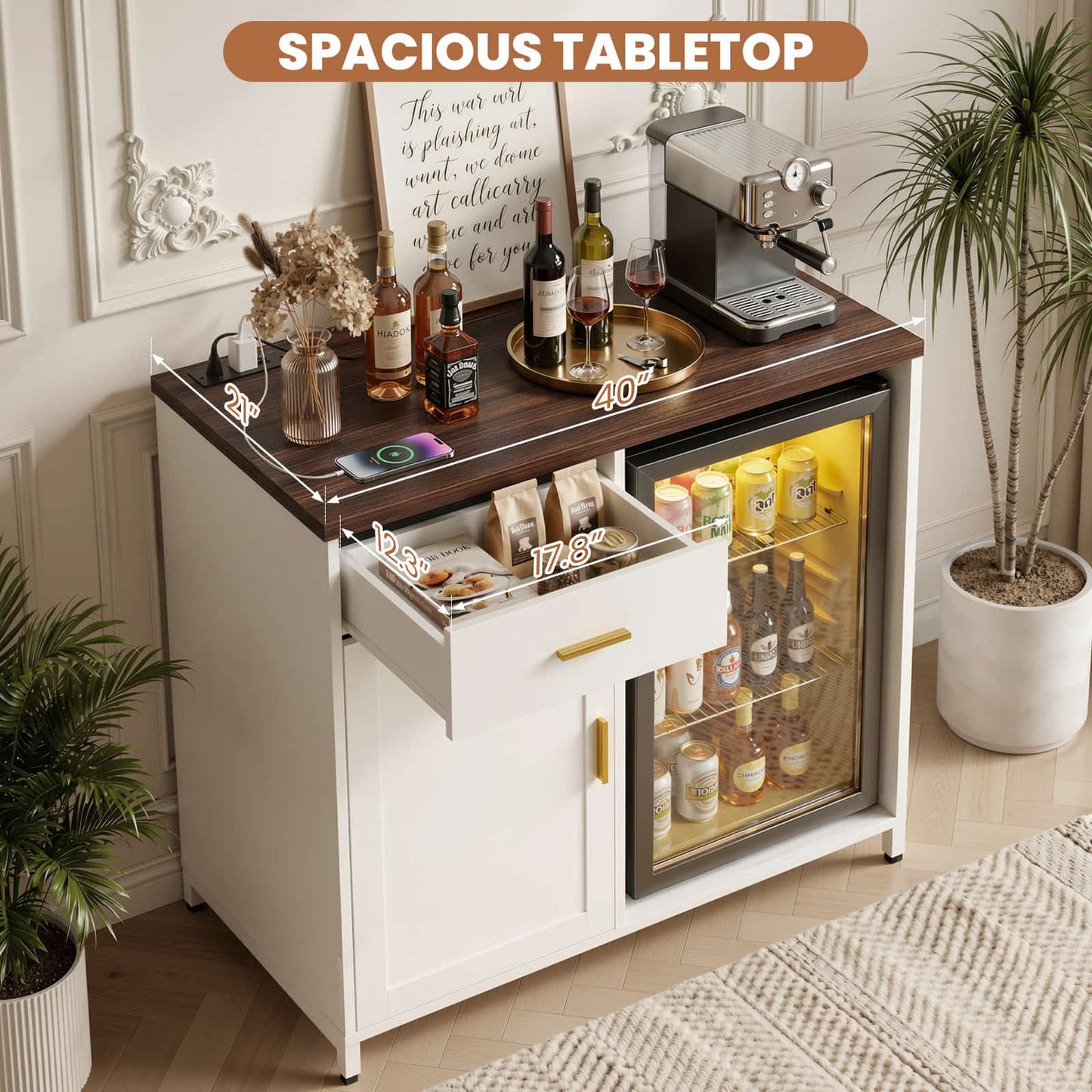 Coffee Bar Cabinet with Mini Fridge Space, Power Outlet, Drawer Storage and Wine Glass Holder - Versatile Liquor Wine Cabinet