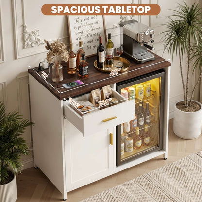 Coffee Bar Cabinet with Mini Fridge Space, Power Outlet, Drawer Storage and Wine Glass Holder - Versatile Liquor Wine Cabinet