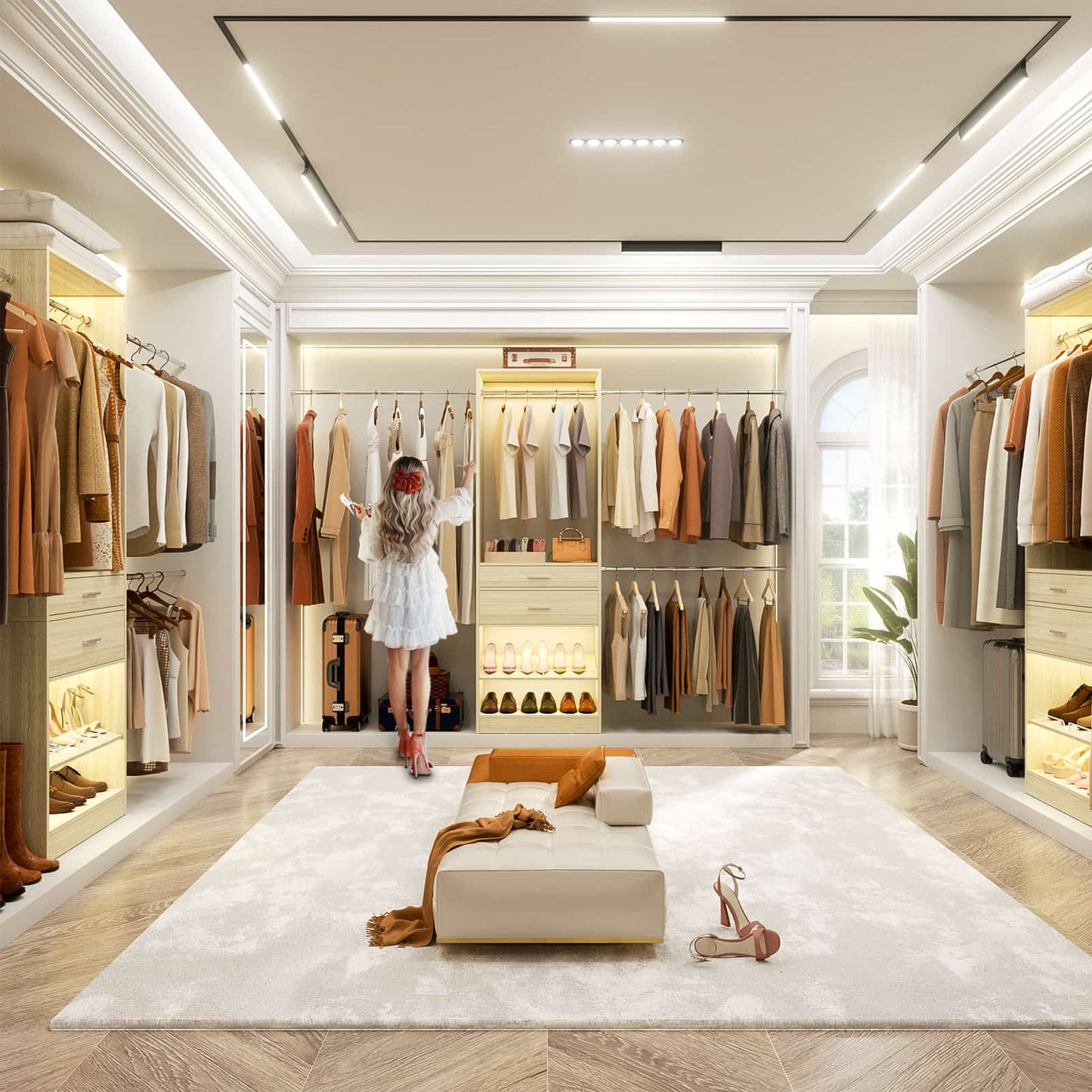 Closet System with Wooden Drawers, Adjustable Angled Shoe Rack