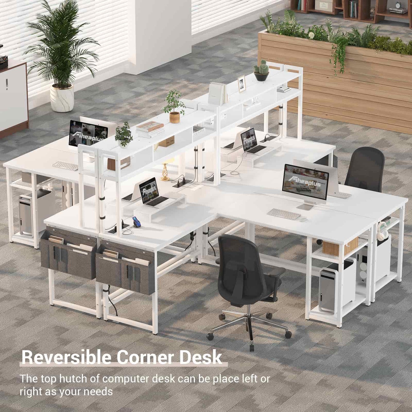 L Shaped Desk with Power Outlet, LED Strip, Storage Shelf